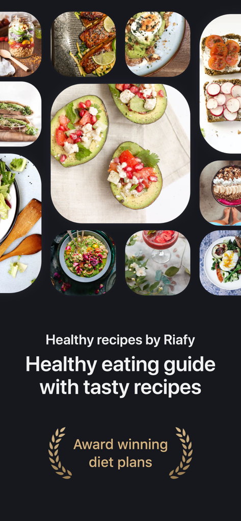 A collage of nutritious meals including stuffed avocados and salads from the FitBerry healthy eating guide app