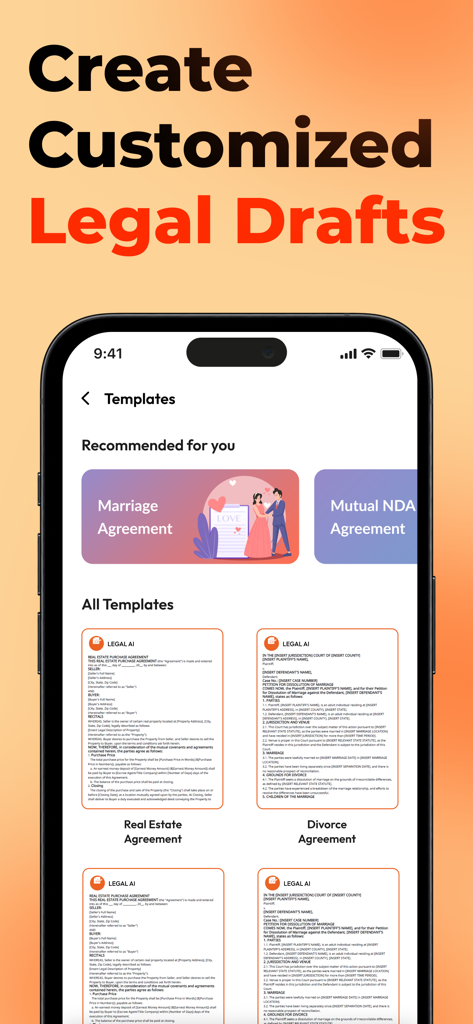 AI Legal Documents Generator - Interfaz de aplicación móvil mostrando plantillas de documentos legales como bienes raíces y acuerdos de divorcio con el titular Crea Borradores Legales Personalizados.