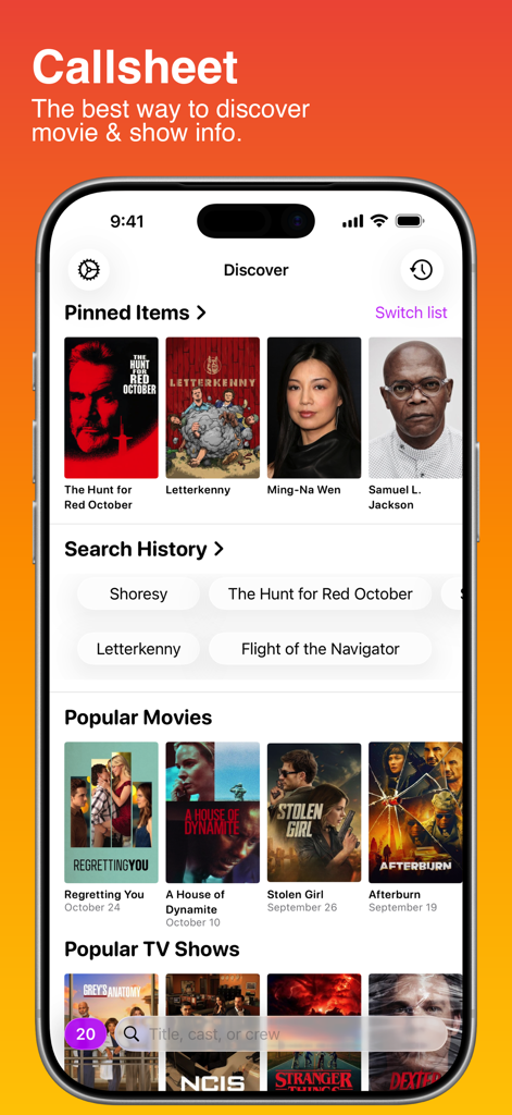Callsheet: Find Cast & Crew - Callsheet app Discover screen featuring sections for pinned items, search history, and popular movies on an iPhone.