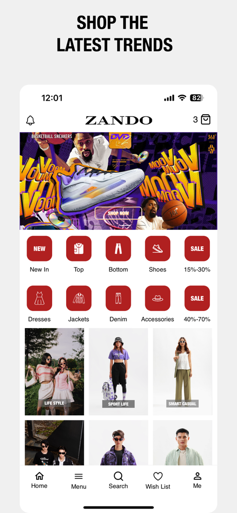 ZANDO - Zando mobile shopping app home screen displaying fashion categories like dresses and shoes alongside the latest trends
