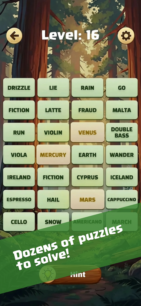 Gameplay screenshot of Link Words Puzzles showing a word grid with categories like planets and coffee types.