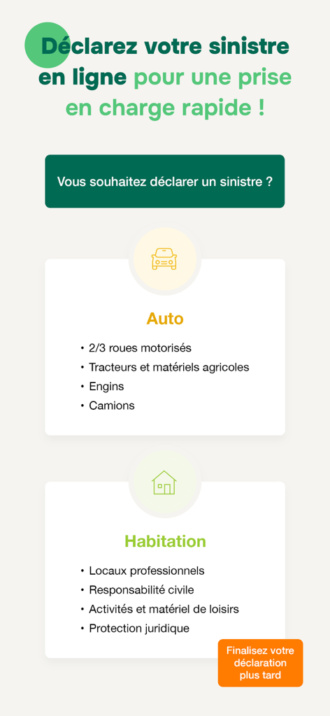 Interfaz para presentar siniestros de seguros de coche y hogar en línea en la aplicación móvil Groupama.