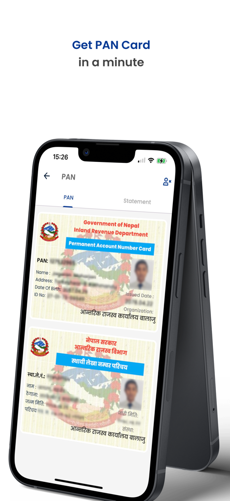 Smartphone screen displaying the Nagarik App with a digital PAN Card issued by the Nepal Inland Revenue Department.