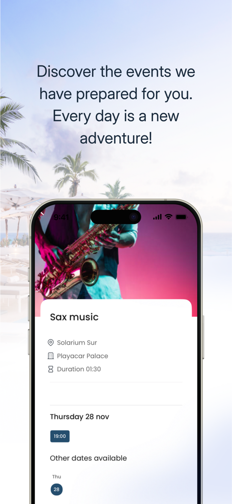 Palace Resorts app screen showing details for a live saxophone music event at Playacar Palace