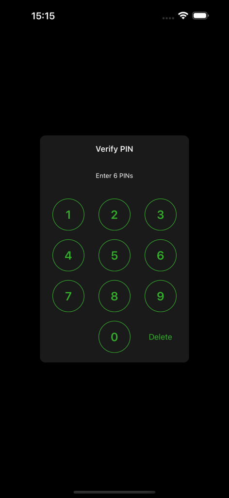 Ein sicherer PIN-Eingabebildschirm in der Temby-App mit einem grünen Ziffernblock auf dunklem Hintergrund zum Schutz privater Inhalte.