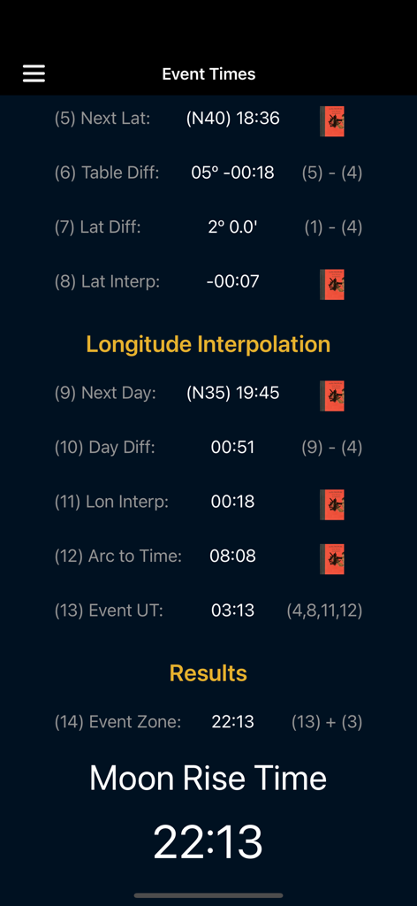 EZ Nautical Almanac - Berechnungsbildschirm in der EZ Nautical Almanac App mit den Ergebnissen für die Mondaufgangszeit