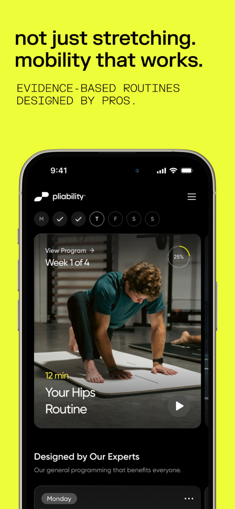 pliability: stretch + mobility - Pliability app interface showing a 12 minute evidence based hip mobility routine for athletes