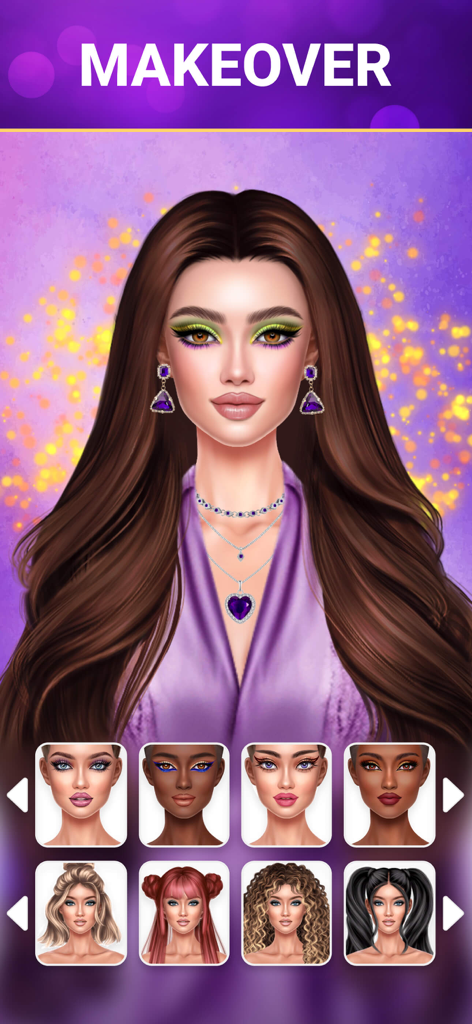SUITSME: Dress Up Fashion Game - SUITSME app makeover screen showing makeup and hairstyle choices for avatars