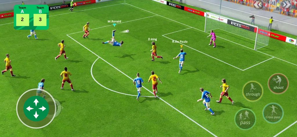 Football Pro Soccer+ - Captura de tela da jogabilidade do Football Pro Soccer plus mostrando uma partida com jogadores e controles móveis