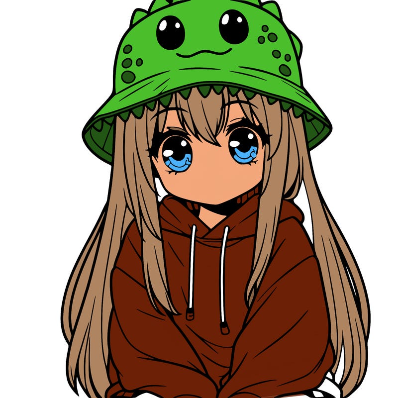 girl with anime shaped eyes with a dinosaur bucket hat oversized sweatshirt long straight hair