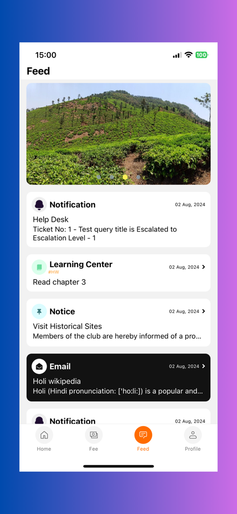 JGI - SCHOOLS - Feed section of JGI SCHOOLS app displaying notifications, homework assignments, and school notices.
