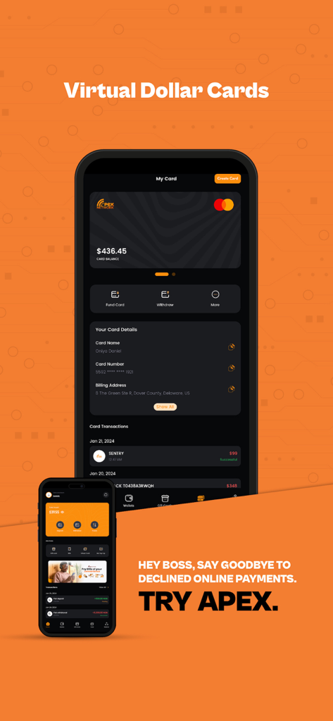 Apex: Buy, Sell & Trade Crypto - Apex app interface showing a virtual dollar card for global online payments and crypto management