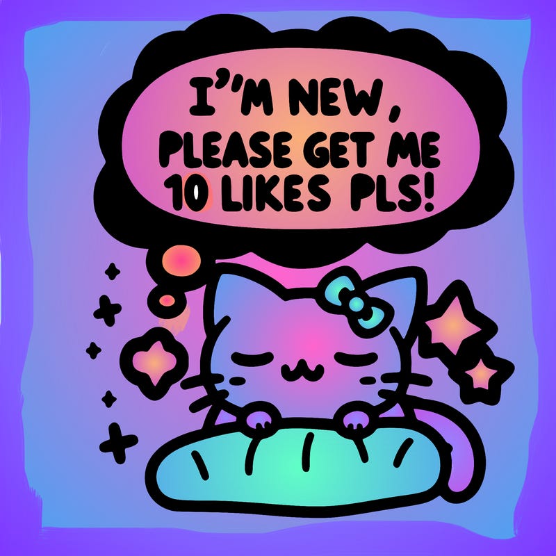 kitty taking a nap dream talking and saying "i'm new, please get me at least 10 likes pls!!"