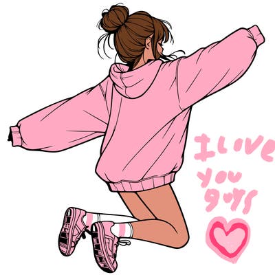 realistic girl jumping with a bun and oversized sweatshirt
