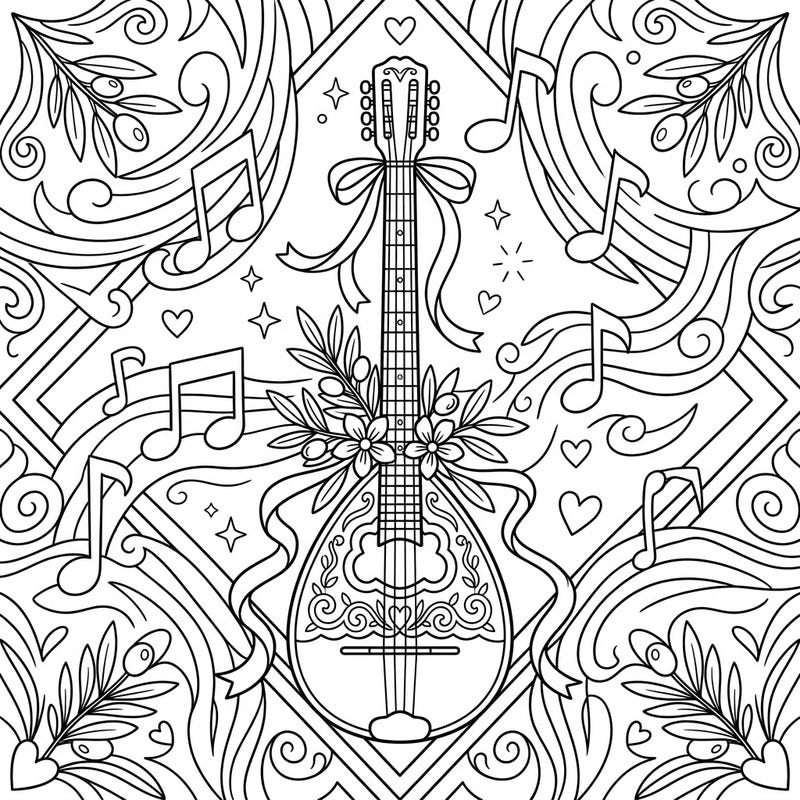 Bring the sounds of a joyous wedding to life with this charming bouzouki coloring page, specially designed for kids. Little artists will love coloring the festive instrument surrounded by musical notes and celebratory details.