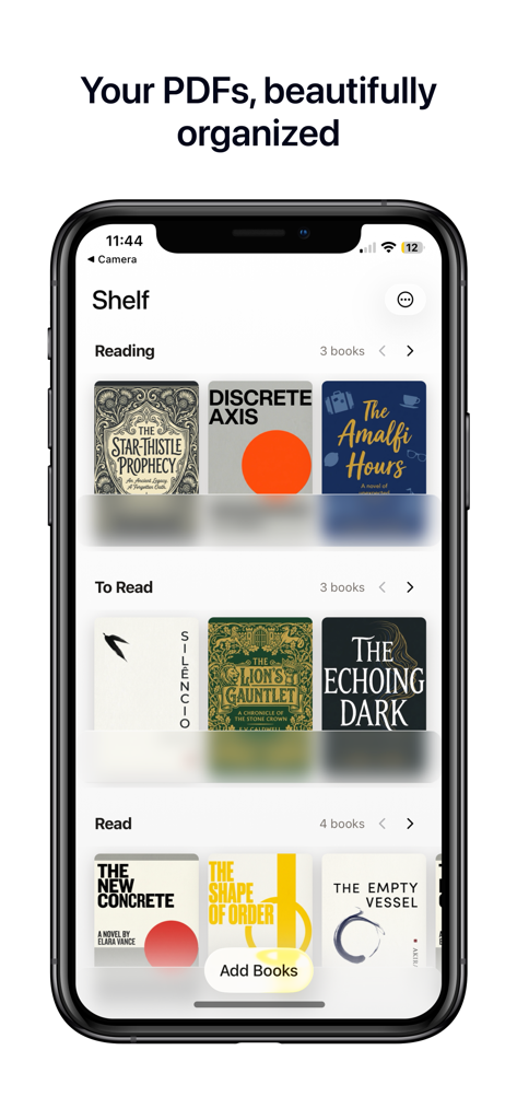 Paged - PDF Library & Reader - Eine digitale Bücherregal-Oberfläche in der Paged-App, die PDF-Dokumente als Buchcover zeigt.