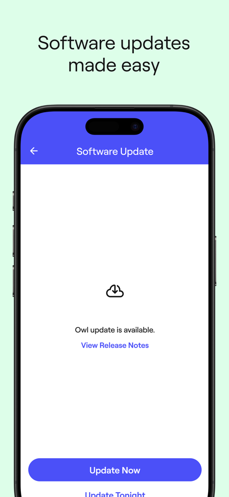 Meeting Owl app interface showing an available software update with an update now button