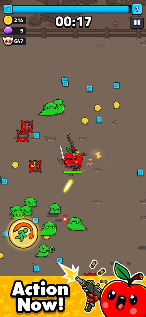 Apple Grapple: Survivor - Personnage de pomme guerrière combattant des vers verts dans le jeu mobile Apple Grapple Survivor