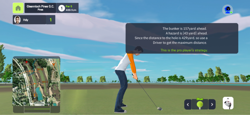 SmartGolf AI Analyzer - SmartGolf AI Analyzer interface showing a 3D golfer avatar on a virtual course with professional strategy tips and a mini map.