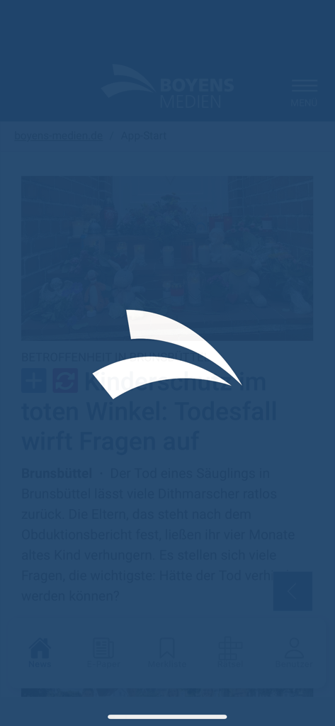 Boyens Medien mobile App-Oberfläche mit einem lokalen Nachrichtenartikel auf Deutsch und einem unteren Navigationsmenü.