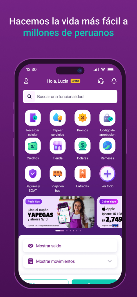 Yape - Panel principal de la aplicación de billetera digital Yape que muestra servicios financieros y de servicios públicos