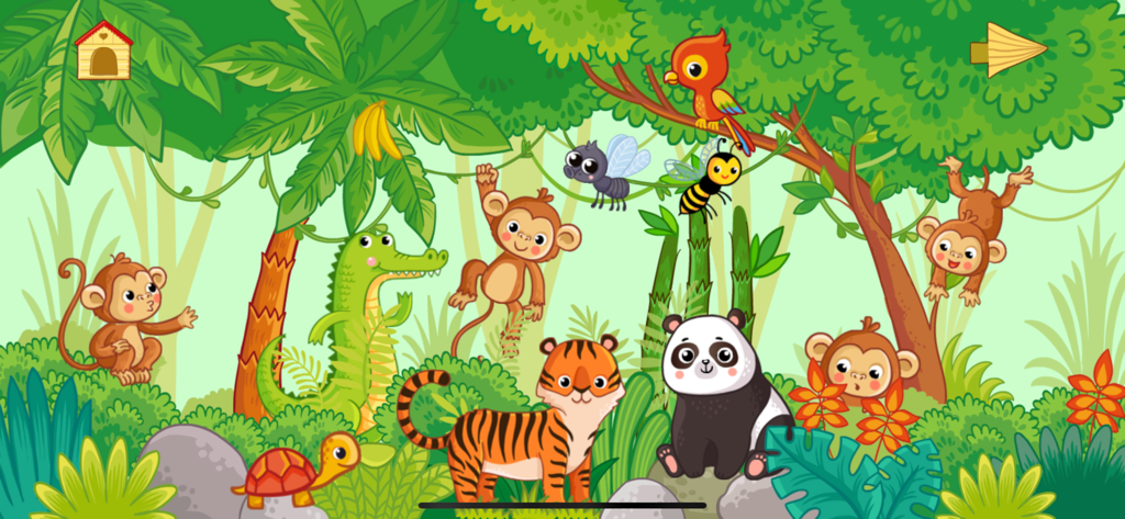 Baby animal games for kids - A colorful cartoon jungle scene from an educational toddler game featuring a tiger panda monkeys and a crocodile