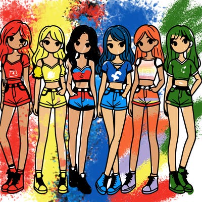 a group of girls wearing crop tops and shorts