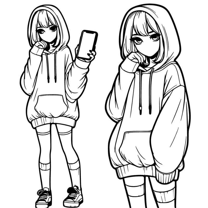 realistic girl who looks tired and is wearing an oversized hoodie and knee high socks and is holding a phone