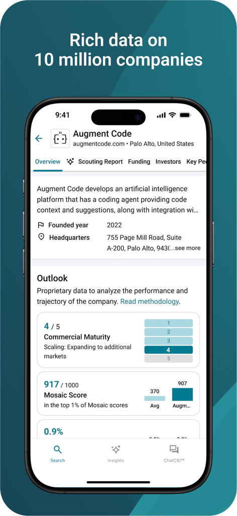 CB Insights - CB Insights mobile app displaying a detailed company profile with proprietary data metrics like Mosaic Score