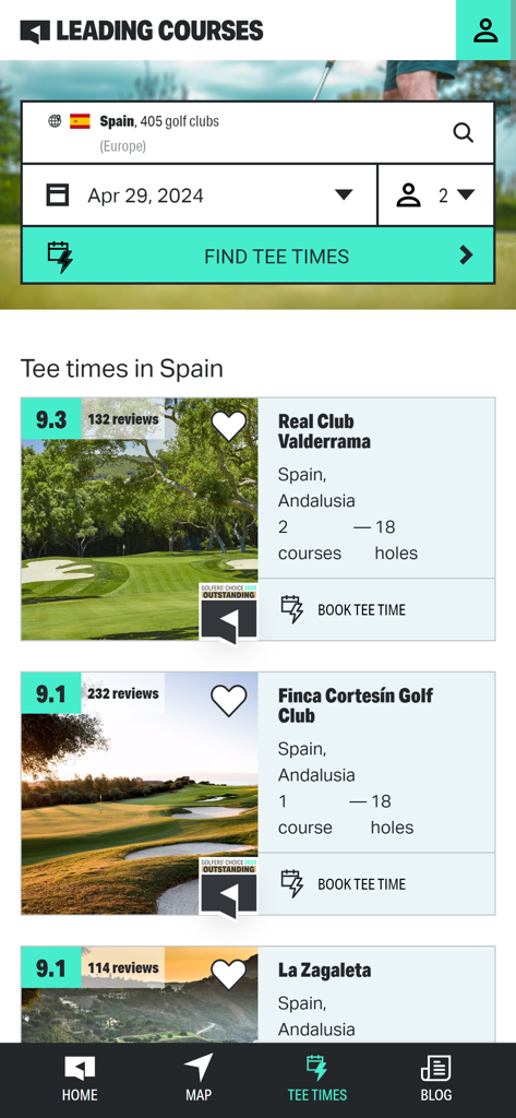 Mobile App-Oberfläche von Leading Courses, die Golfplatz-Suchergebnisse in Spanien mit Bewertungen und Schaltflächen zur Buchung von Abschlagzeiten anzeigt