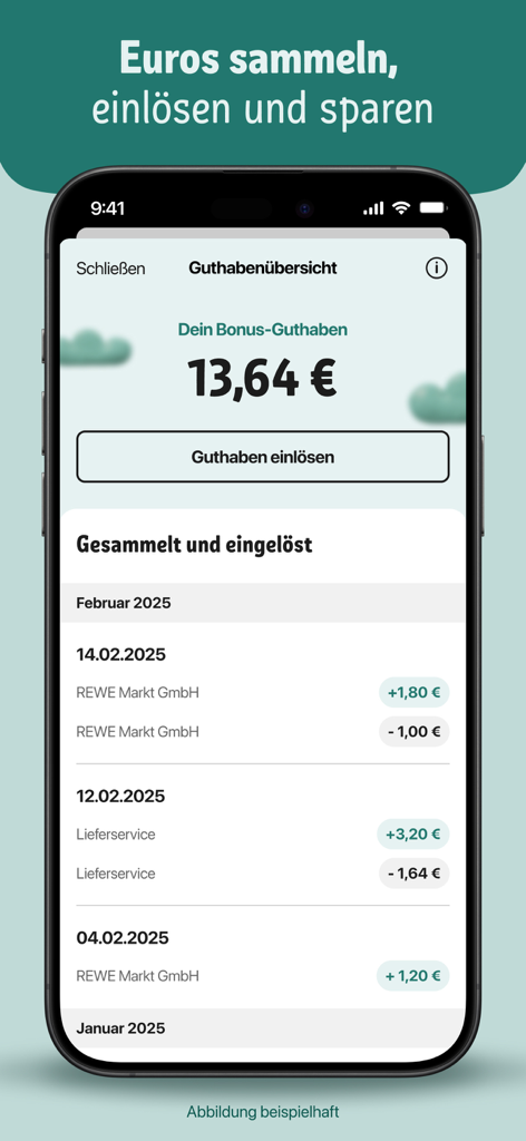 REWE app interface showing digital bonus balance and transaction history for rewards