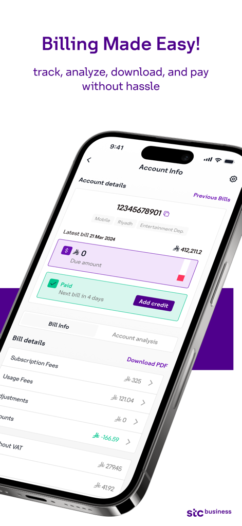 stc business - stc business app account info and billing details screen on iPhone