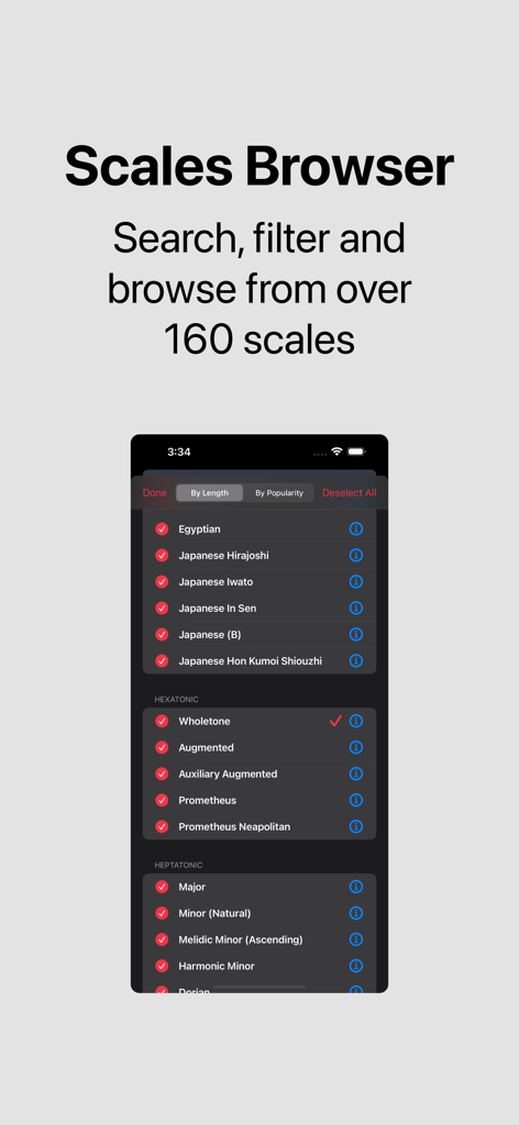 Nota - Chords & Scales Piano - Screenshot des Skalenbrowsers in der Nota-App mit einer Liste von über 160 musikalischen Skalen, einschließlich Dur, Moll und exotischer Optionen.