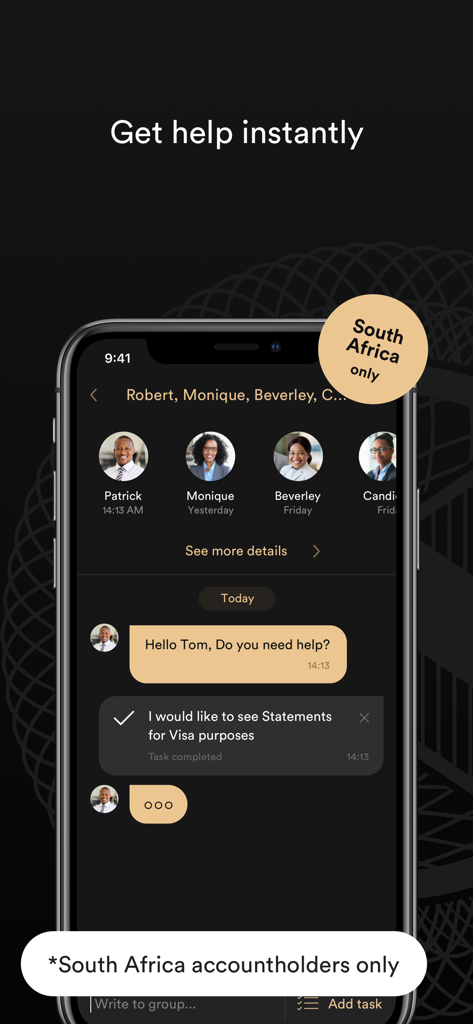 Nedbank Private Wealth App in-app chat interface showing instant messaging support with banking specialists