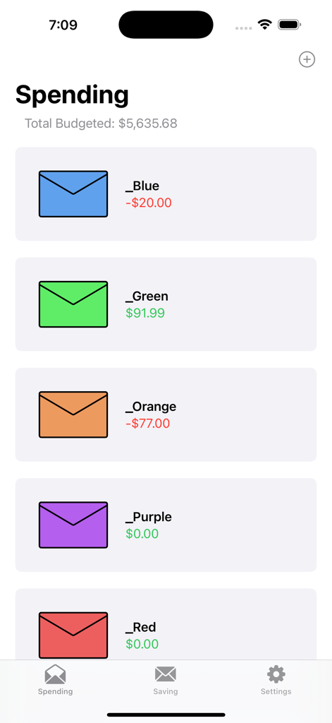 Spending screen of the Simple Envelope Budgeting app showing color coded envelopes with their respective balances