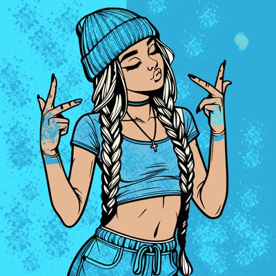 realistic teenage girl with braids and a beanie and crop top doing 🫶🏼