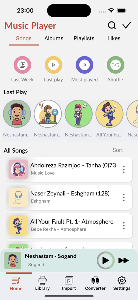 Offline Music Play موزیک پلیر - The home screen of the Offline Music Play app showing song lists, albums, and music playback options.