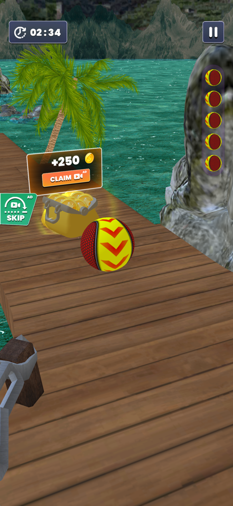 Rolling Sky: Balls Racing Game - 열대 해변 근처의 나무 경로에 있는 빨간색과 노란색 패턴의 공과 코인 보상 팝업