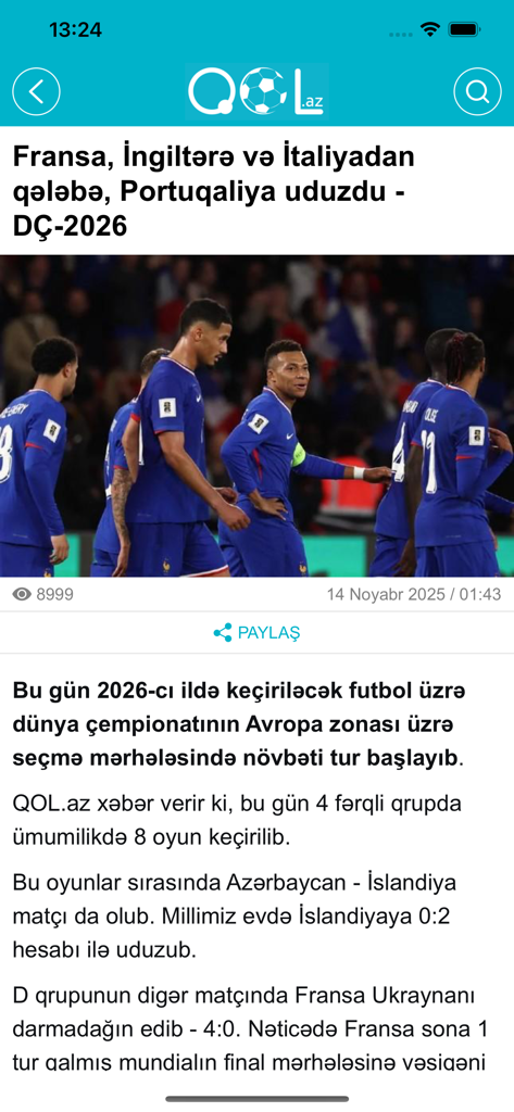 Screenshot of the QOL.az mobile app showing a football news article about World Cup 2026 qualifiers featuring a photo of the French national team.