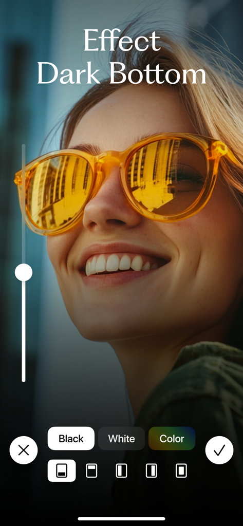 Zebra: Photo & Video Editor - Applying a dark bottom overlay effect to a portrait photo in the Zebra editor