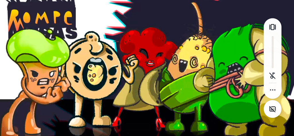 RompeMesas - Un grupo de coloridos personajes de comida caricaturescos del juego de lucha RompeMesas de pie juntos.