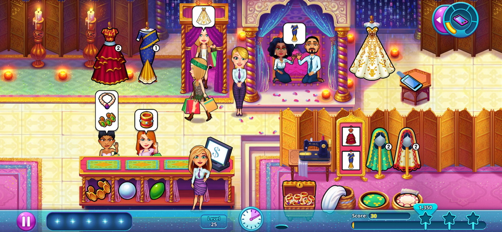 Fabulous - Wedding Disaster - Angela gerenciando uma butique nupcial no jogo de gerenciamento de tempo Fabulous Wedding Disaster