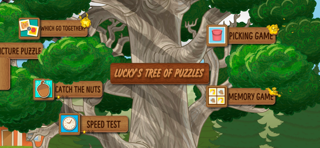 Lucky's Tree of Puzzles - Main menu of Lucky's Tree of Puzzles showing educational mini-games on wooden signs on a cartoon tree.
