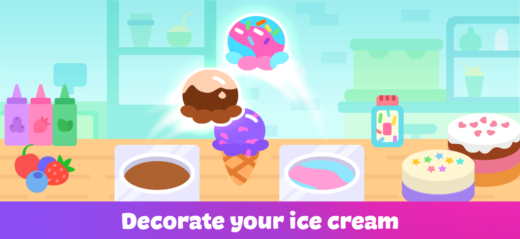 Toddler game screen for decorating ice cream with colorful scoops and toppings