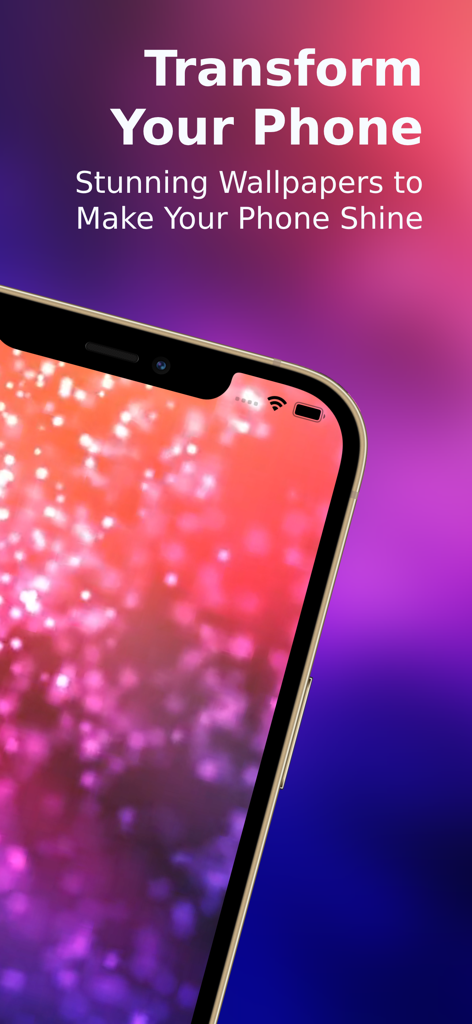 A smartphone displaying a vibrant sparkling wallpaper with the text Transform Your Phone