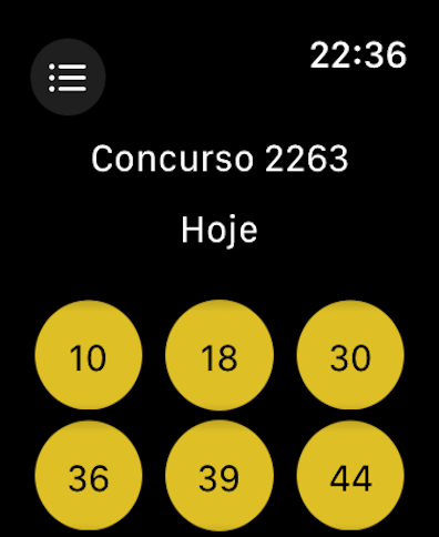 Mega Watch - Interfaccia di Apple Watch che mostra i numeri vincenti della lotteria in cerchi gialli