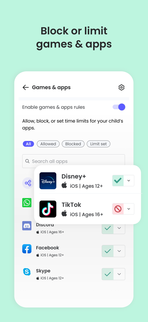 Interface of the Qustodio parental control app showing options to allow or block specific apps like Disney Plus and TikTok