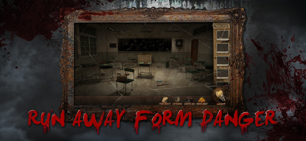 Escape Room:Can you escape? - A dark classroom escape room scene inside a frame with the text Run Away From Danger