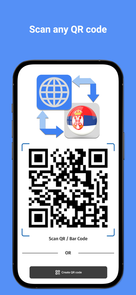 Serbian Translator Pro + - Interface de l'application SerbGo affichant la fonctionnalité de numérisation de QR et de codes-barres avec une option pour créer des codes QR