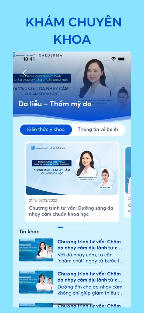 Screenshot of UMC Care app showing the dermatology and skin aesthetics specialist examination section with medical articles in Vietnamese.